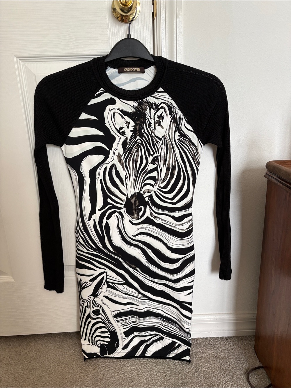 Roberto Cavalli Black and White Zebra-Print Crewneck Sweater Dress